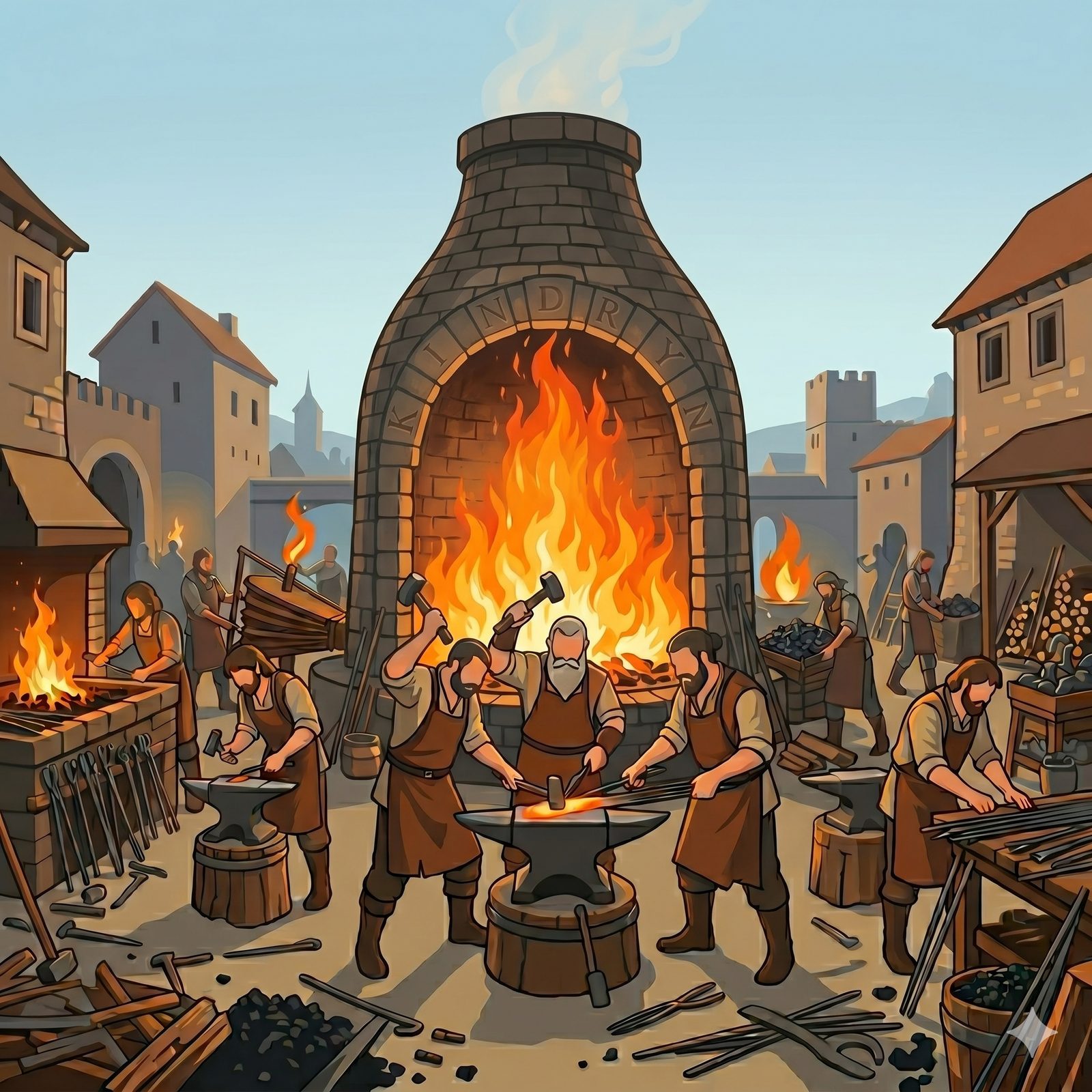 Smiths gathered around a forge in a medieval town